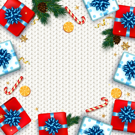 Christmas greeting card with gifts boxes set with bow.のイラスト素材