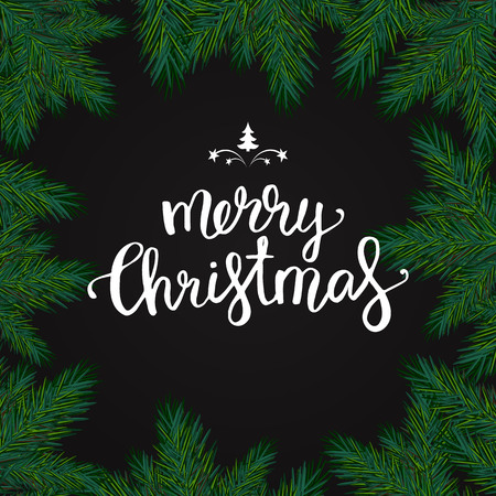 Realistic christmas frame with fir. Merry Christmas typography lettering pine tree decoration border cardのイラスト素材