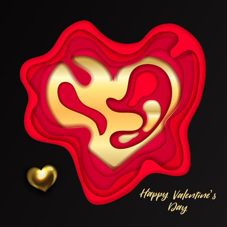Valentines day on layered red and gold paper cut realistic background. Vector holiday illustration.  のイラスト素材