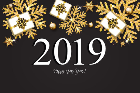 2019 with golden Christmas stars, gifts, snowflakes on a black background. Happy New Year card design. Vector illustrationのイラスト素材