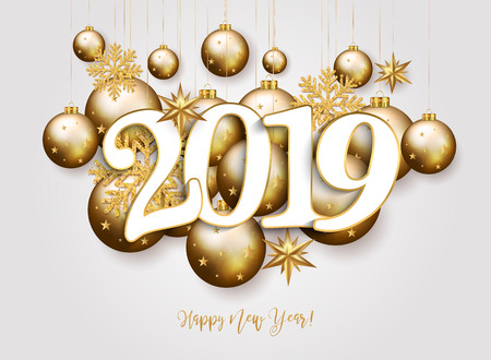 Happy new year design white background with 2019 and shining gold snowflakes, bubbles and stars. Vectorのイラスト素材