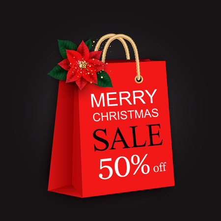 Merry Christmas sale banner with bag and poinsettia flower on black background. Vector illustration template greeting cardsのイラスト素材