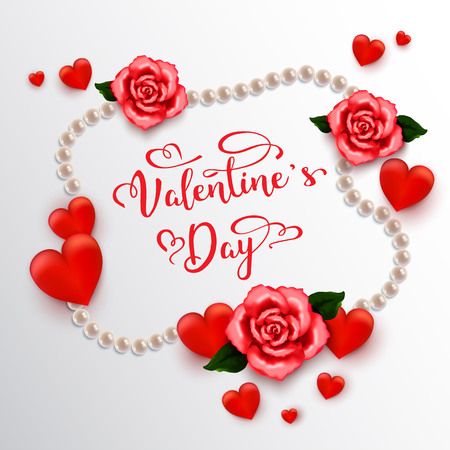 Valentine's day, holiday objects on white background. Vector illustration. Hearts, pearl beads and flowersのイラスト素材