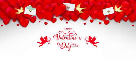 Valentines Day Background with 3D Realistic Red Hearts, Hand Lettering, Letters, Envelopes And Birds Cupids On Black Background. Vector Illustrationのイラスト素材