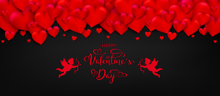 Valentines Day Background with 3D Realistic Red Hearts, Hand Lettering, Cupids On Black Background. Vector Illustrationのイラスト素材