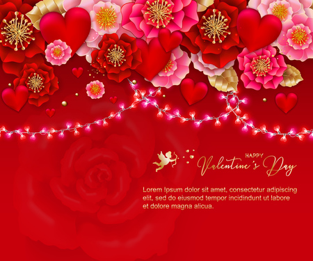 Valentines day banner with light bulbs festive garland and hearts. Can be used for template, banners, wallpaper, flyers, invitation, posters, brochure, voucher discount. Vectorのイラスト素材