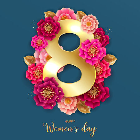 8 March. Pink Floral Greeting card. International Happy Women's Day. Paper cut flower holiday background. Trendy Design Template. Vector illustrationのイラスト素材