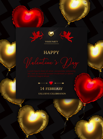 Valentines Day Party Background With Cupid and Gold and  Red Heart. Romantic Wedding Love Greeting Card. February 14. Vector illustrationのイラスト素材