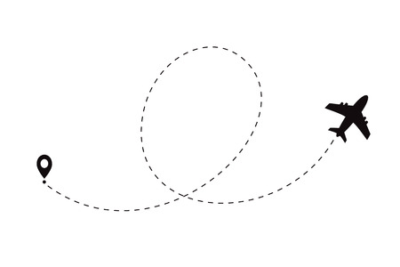 Airplane line path icon of air plane flight route with start point and dash line trac. Vector...