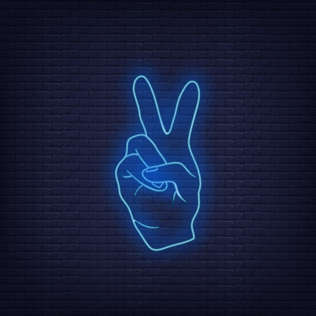 Neon fingers hand signals mean peace. Vector illustrationのイラスト素材