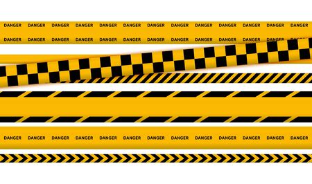 Black and yellow police stripe border, construction, danger caution seamless tapes vector illustration setのイラスト素材