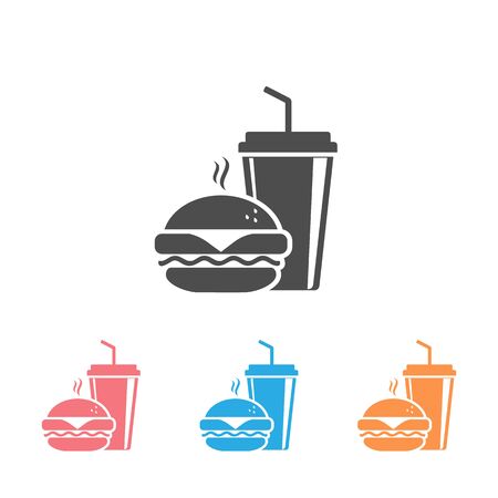 Fast Food Vector Icon Set. Burger and soda or cola drink silhouette, isolated symbolのイラスト素材