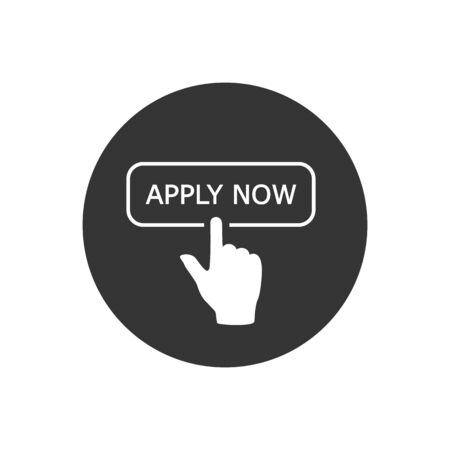 Apply now white icon in flat style. Finger cursor vector on gray isolated background. Click button business conceptのイラスト素材