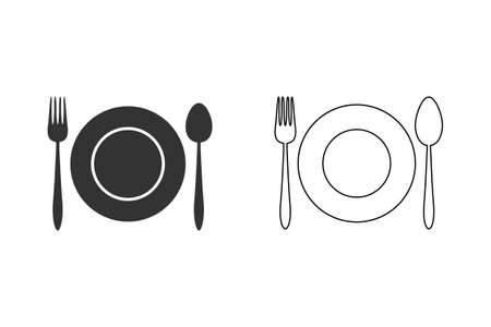 Kitchen utensil spoon plate fork line icon set.のイラスト素材