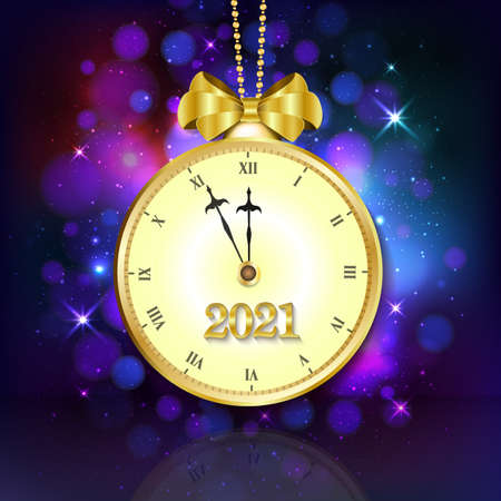 2021 New year purple background with vintage clock and golden bow. Vectorのイラスト素材