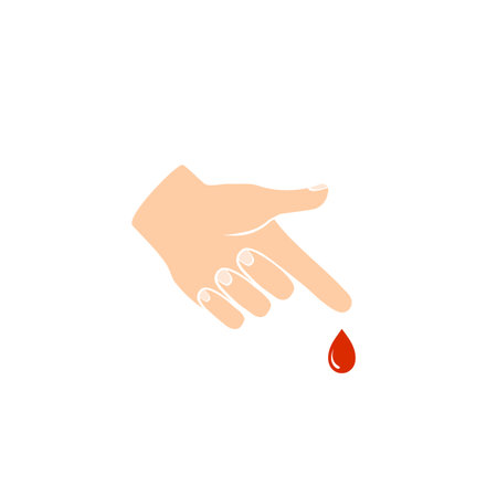 Cartoon finger with blood drop illustration. Perfect blood test design for healthcare collection. Symbol of blood test. Vector illustrationのイラスト素材