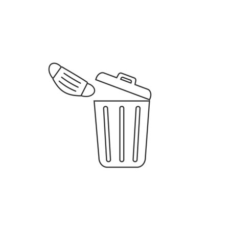Used face mask line icon. Put it in the bin. Dont drop it, just bin it. Vector icon isolated on whiteのイラスト素材