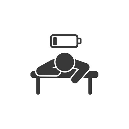 Tired person in the workplace, tiredness or burnout icon, low level energy in work batteryのイラスト素材