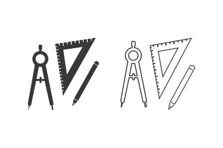 Set of ruler compasses pencil icon in flat style. Vector sign, set for architectのイラスト素材