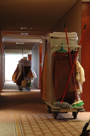 Cleaning cart in the hall of a hotelの写真素材