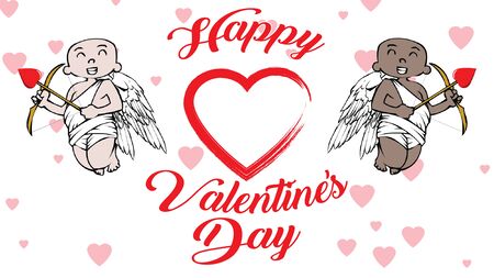 african-american and white cupids with Valentines Day logo and heartsの写真素材