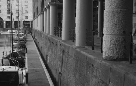 Black and white image of ships in dock (dock built in 1846)の写真素材