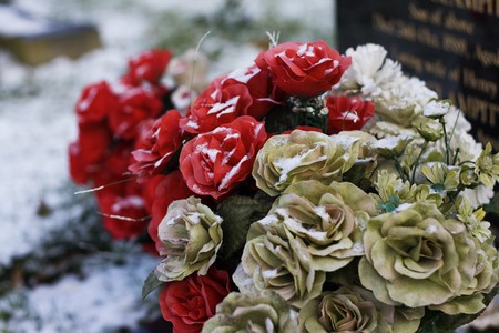 Red and cream flowers on a gravestoneの写真素材