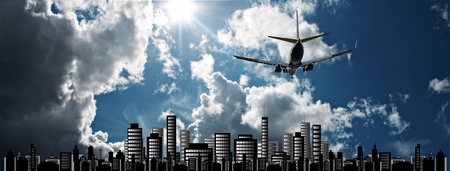 Passenger jet set against sunshine sky with cityscape illustrationの写真素材
