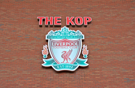 Liverpool, UK, April 17 2014 - Liverpool football club crest, on the Kop entrance to the stadium.のeditorial素材