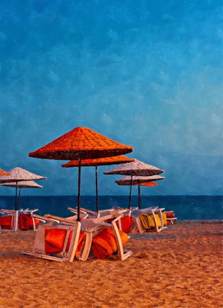 Digital painting of colorful beach umbrellas on a deserted beachの写真素材