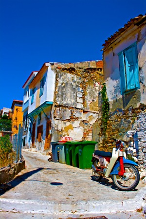 Digital painting of an old rusty moped in a rundown greek villageの写真素材