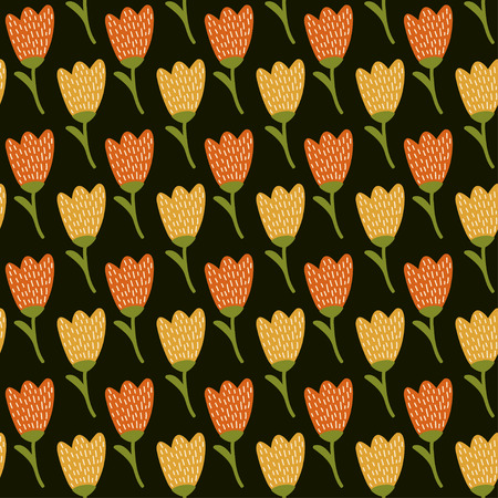 Doodle yellow tulip pattern. Cute seamless background. Flower backdrop. Vector illustration.のイラスト素材
