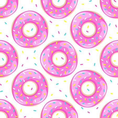 Pink donuts seamless pattern. Sweet food repeat background. Vector illustration.のイラスト素材