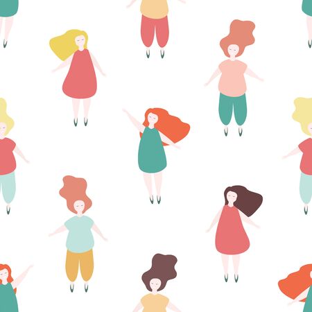 Happy plus size womens. Body positive seamless pattern in cartoon style isolated on white. Vector illustration.のイラスト素材