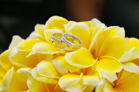Wedding ring on frangipani bouquetの写真素材