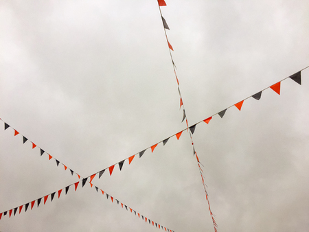 Red and blue bunting flags strung overhead.