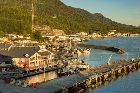 Sept. 17, 2018 - Ketchikan, AK: Elevated view of Thomas Basin Boat Harbour, shops and fishing boat...