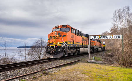 Surrey, Canada - Mar 29, 2020: BNSF train locomotive at Canada USA border