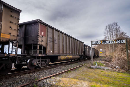 Surrey, Canada - Mar 29, 2020: BNSF Rail cars Soutbound at Canada USA border