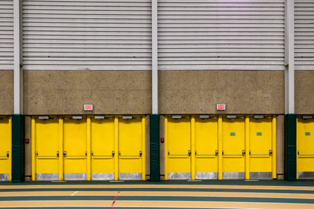 Row of yellow doors inside an indoor arena.