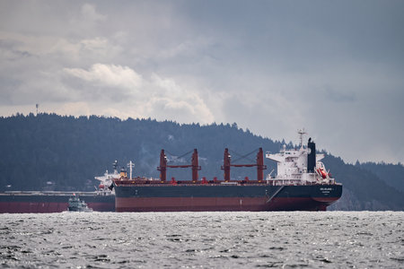 April 13, 2023 - Nanaimo, Canada - Ultramax carrier Belisland sits anchored in Departure Bay at the Candian military vessel "Stikine" sails past.のeditorial素材