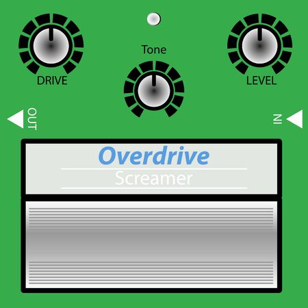 Green Vintage Guitar effect pattern, Overdrive, Effect label, graphic design with grunge effect, tee print stamp. t-shirt lettering artwork, Vector illustration , cartoon styleのイラスト素材