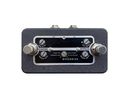 Isolated black vintage overdrive stomp box effect on white background with work path.の写真素材