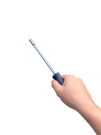 The hand of the person holding the red Hex wrenches on white background with work path.の写真素材