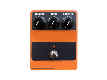 Isolated Orange boutique overdrive stomp box guitar effect on white background with work path.の写真素材