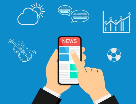 Businessman hand holding tablet to read and watch news on screen with news icon and logo, business concept, Flat design vector illustration.のイラスト素材