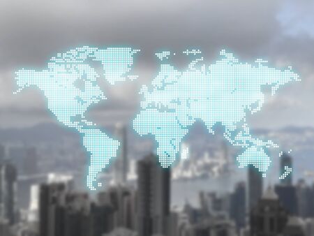 the blue neon glow world map is arranged with squares pixel bit style for graphic design, tee shirt print. Transport media, travel, and business with blurred cityscape background.の写真素材