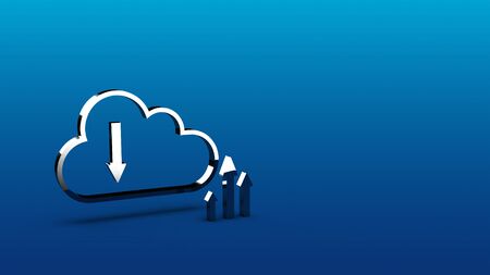 Silver steel cloud and cursor sign.  Abstract concept art clouds internet uploads and download social technology business storage. 3d illustration on blue gradient background with copy space.の写真素材
