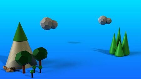 3D Natural images created with simple basic shapes With trees, mountains, and clouds on blue gradient background and copy space. minimal style nature and environment concept.の写真素材