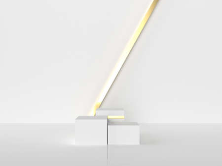 Isolated white with gold stripe pattern wall and display or shelf with studio for showing luxury cosmetics products concept. Blank backdrop made from matte material. illustration Realistic 3D renderの写真素材